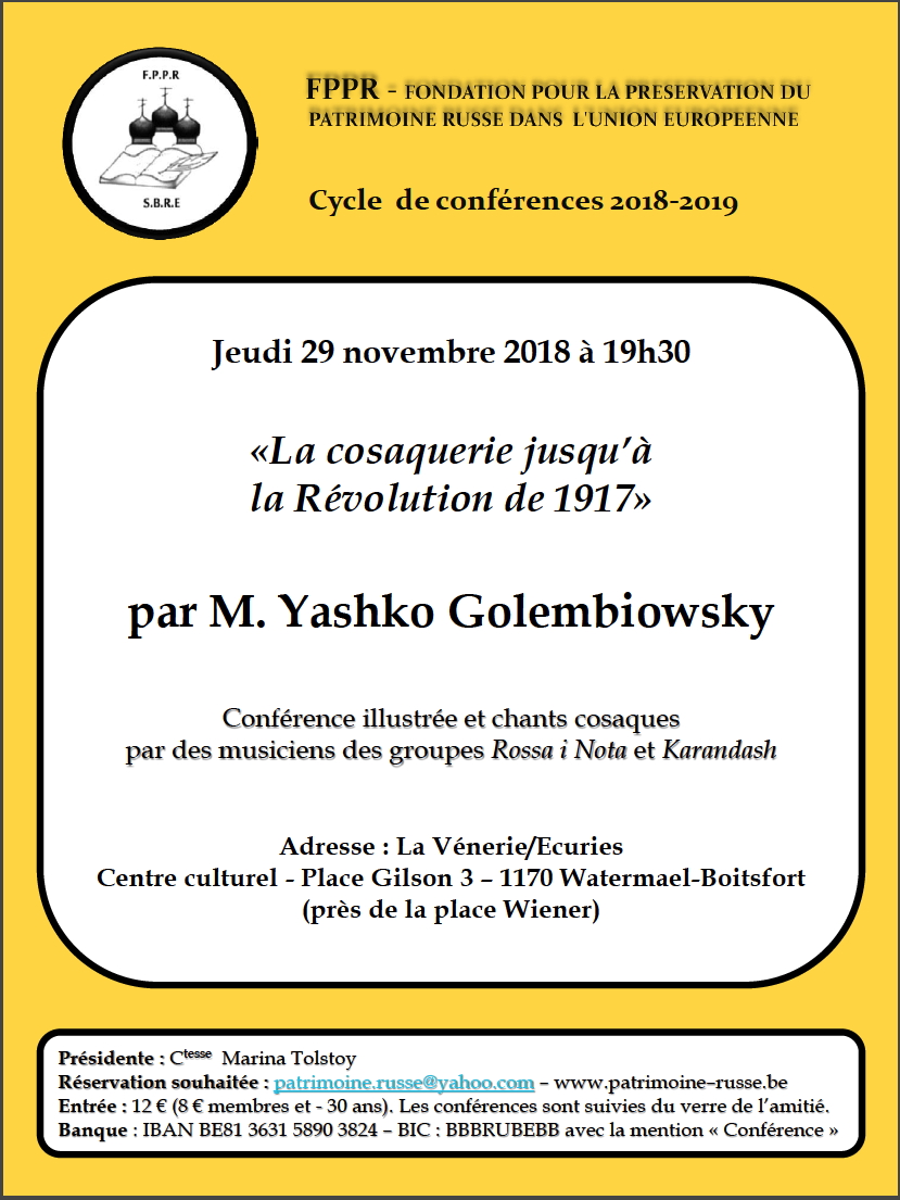 Affiche. Conférence FPPR. La cosaquerie jusqu'à la révolution de 1917, par Yashko Golembiowsky. 2018-11-29